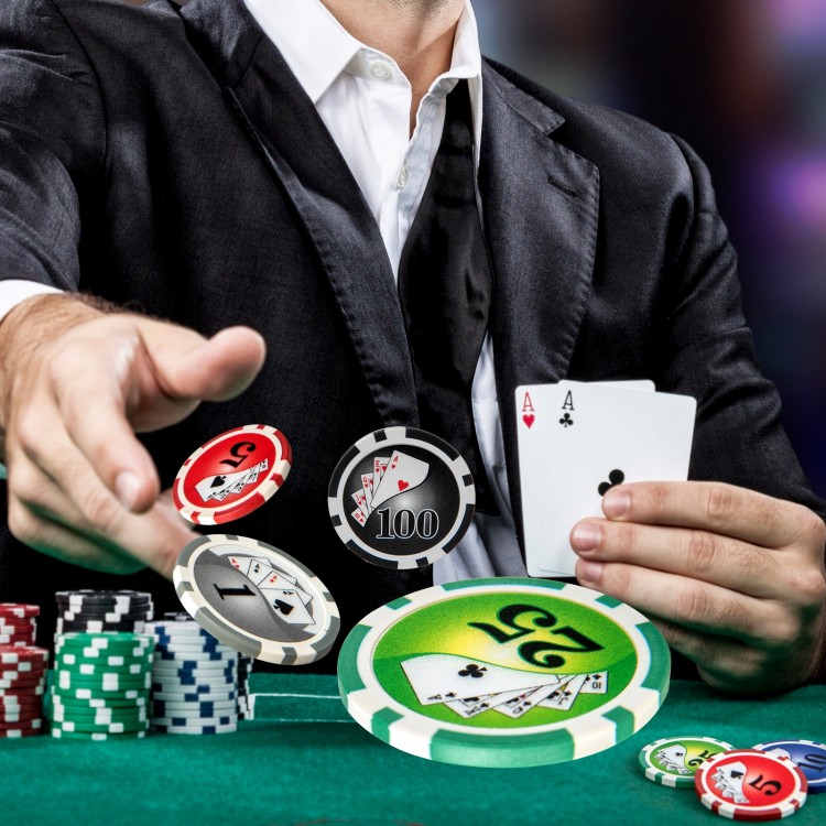 Texas Holdem poker chip set with 300 high-quality chips in five colors, perfect for tournaments and family gatherings.