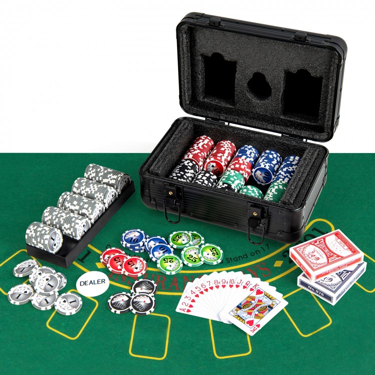 Texas Holdem poker chip set with 300 pieces in a portable black aluminum case, perfect for tournaments and gatherings.
