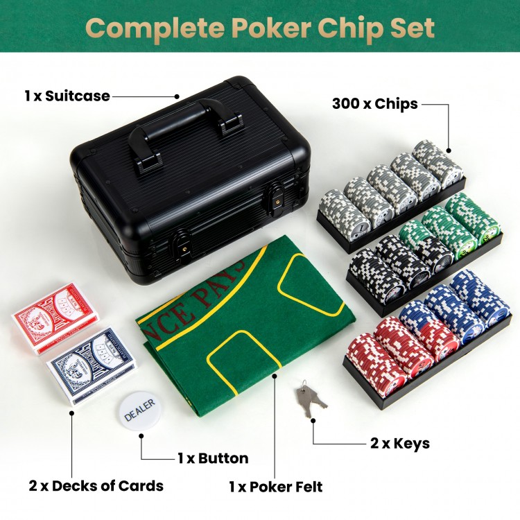 Complete Texas Holdem poker chip set with 300 chips, aluminum suitcase, cards, and poker felt for game nights.