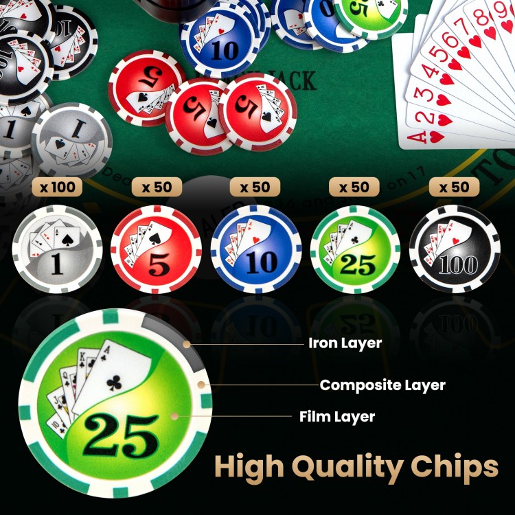 Texas Holdem poker chip set featuring 300 high-quality chips in five colors, ideal for tournaments and gatherings.