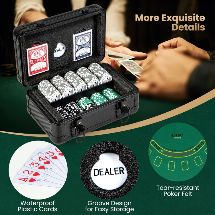 Texas Holdem poker chip set with 300 chips in a portable aluminum case, includes waterproof cards and tear-resistant.