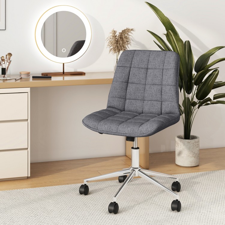 Armless grey office chair with adjustable height and wheels, featuring a thick cushion for comfort, ideal for vanity.