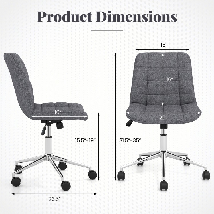 Armless office chair dimensions showing adjustable height, grey upholstery, and sturdy metal base for versatile use.