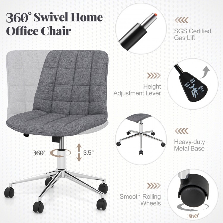 Armless grey office chair with adjustable height, thick sponge cushion, and smooth rolling wheels for versatile use.