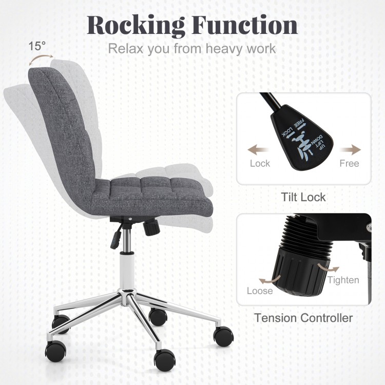 Armless grey office chair with adjustable height, rocking function, and sturdy metal base for versatile use.