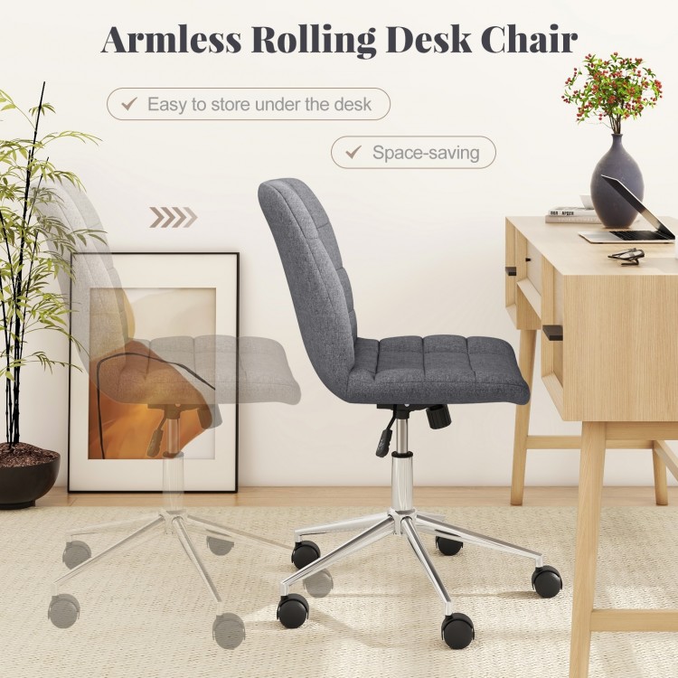 Armless grey office chair with adjustable height and wheels, designed for comfort and space-saving in any workspace.