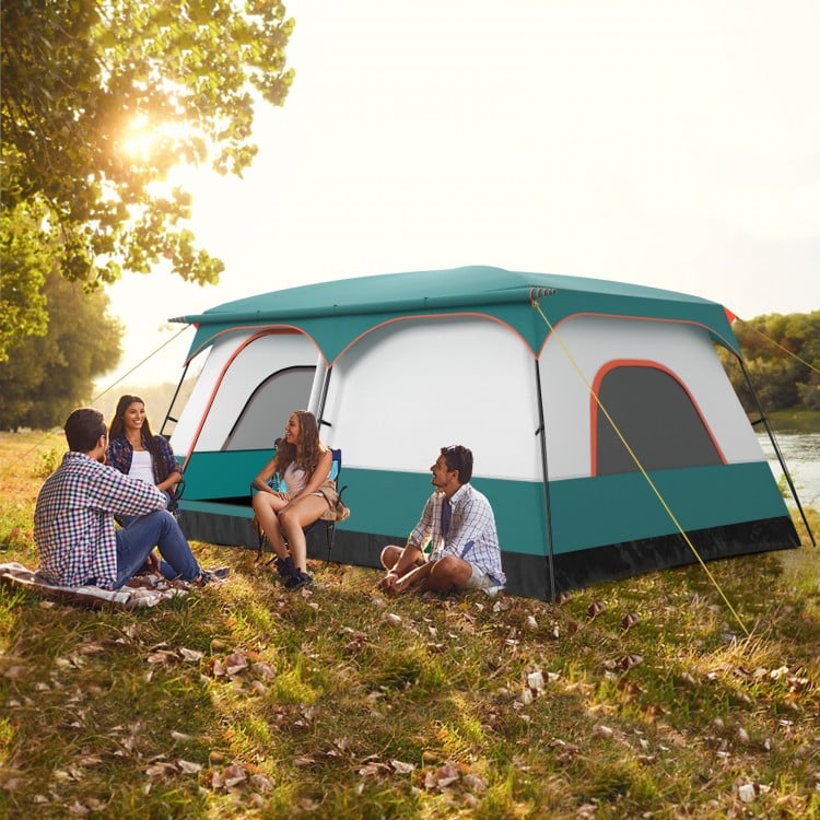 Large 8-10 person camping tent in green with double rooms, mesh doors, and porch for outdoor relaxation by the river.