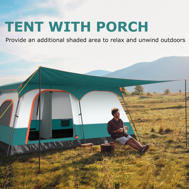 Camping tent with porch for 8-10 people, featuring mesh doors, waterproof floor, and spacious double rooms for outdoor.