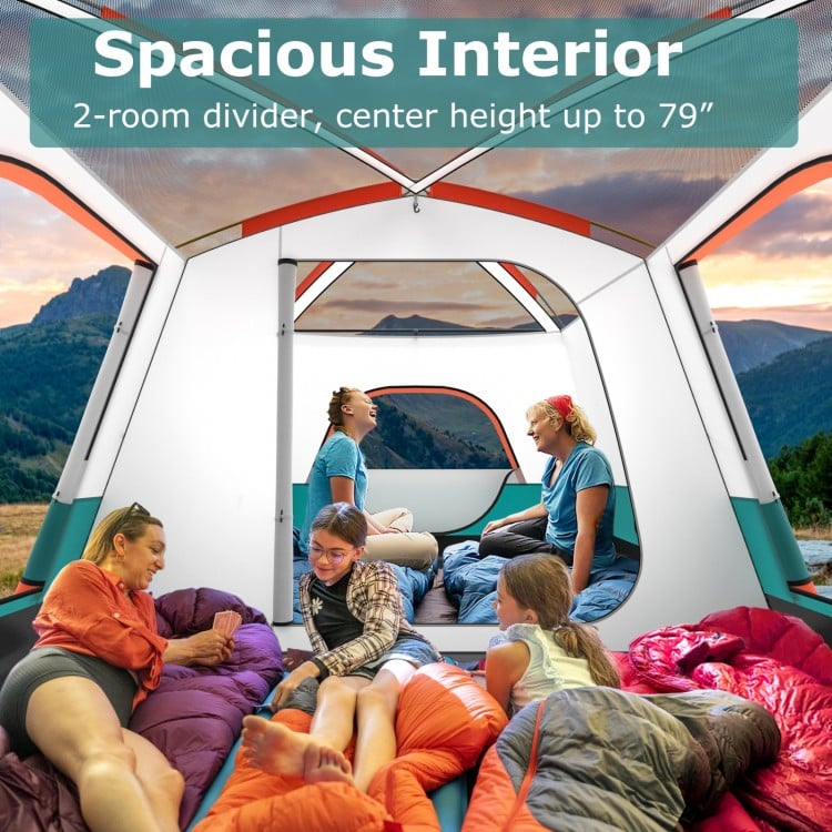 Spacious 8-10 person camping tent with double rooms, mesh windows, and a height of 79” for comfortable outdoor.