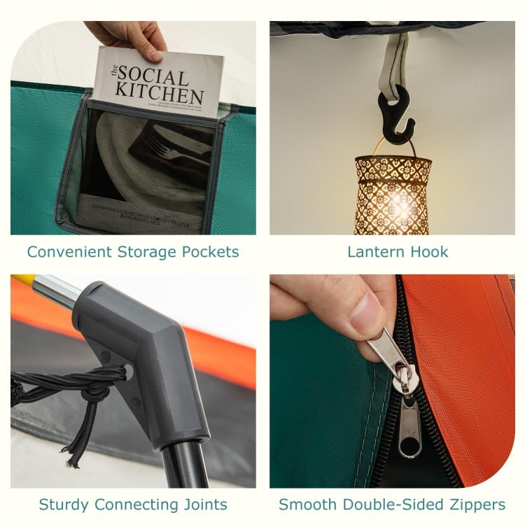 Convenient storage pockets, lantern hook, and smooth double-sided zippers in the 8-10 person camping tent for easy.