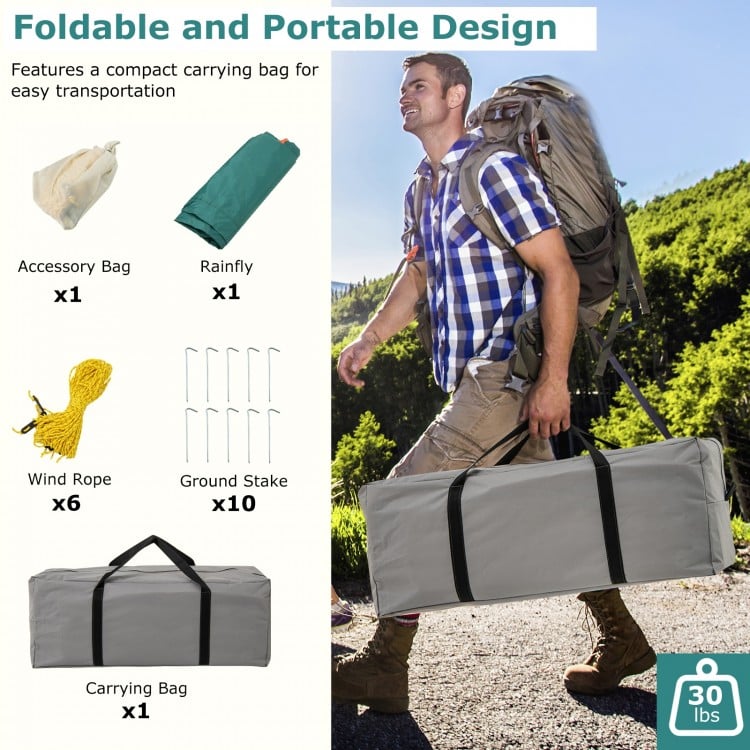 8-10 person camping tent in green with double rooms, mesh doors, and a compact carrying bag for easy transport.