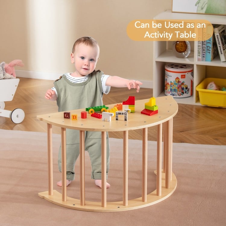 Kids climbing arch with integrated tabletop, beige solid wood, perfect for play and activity, featuring anti-tip feet.