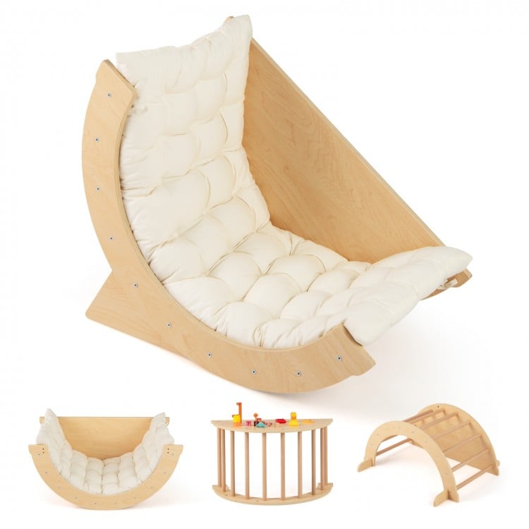 Kids climbing arch with beige cushion, solid wood design, versatile for climbing, rocking, and playtime activities.