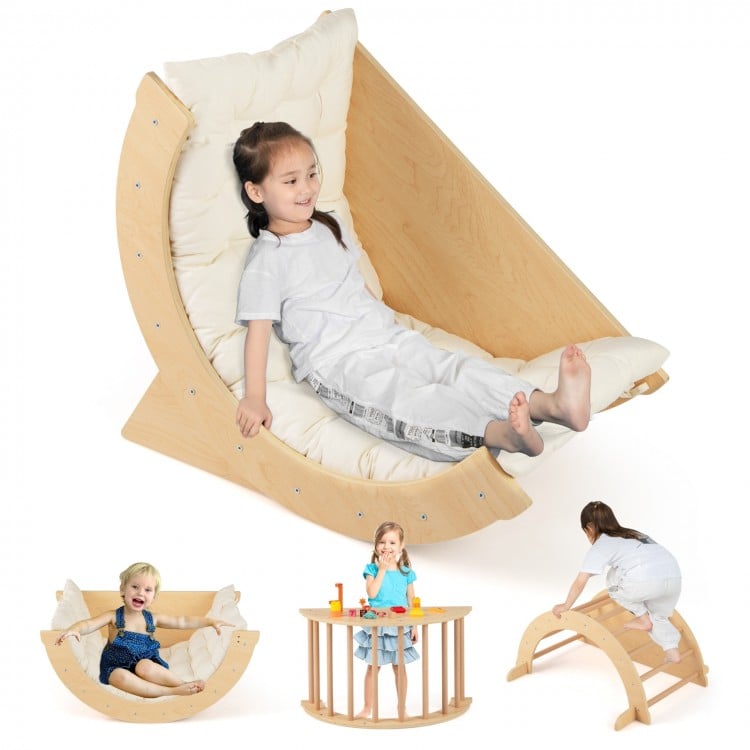 Kids climbing arch with cushion in beige, designed for toddlers to climb, rock, and relax safely and comfortably.