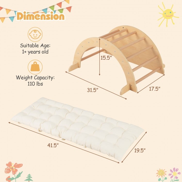 Kids climbing arch with removable cushion, solid wood construction, ideal for play and learning, beige color.