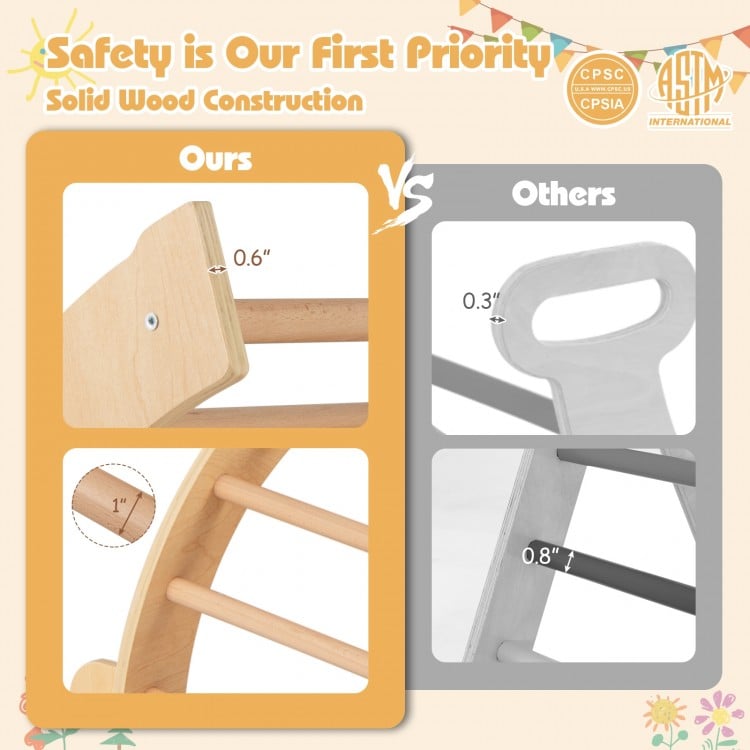 Kids climbing arch with cushion, solid wood construction, featuring rounded edges for safety and stability during play.