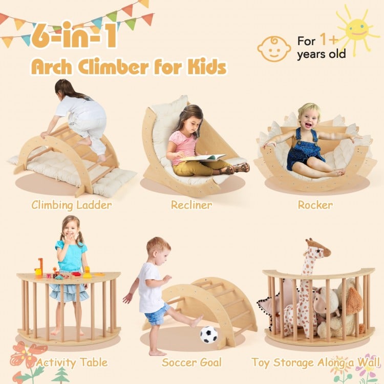 Kids climbing arch with cushion in beige, serving as a rocker, recliner, and soccer goal for toddlers' play and.