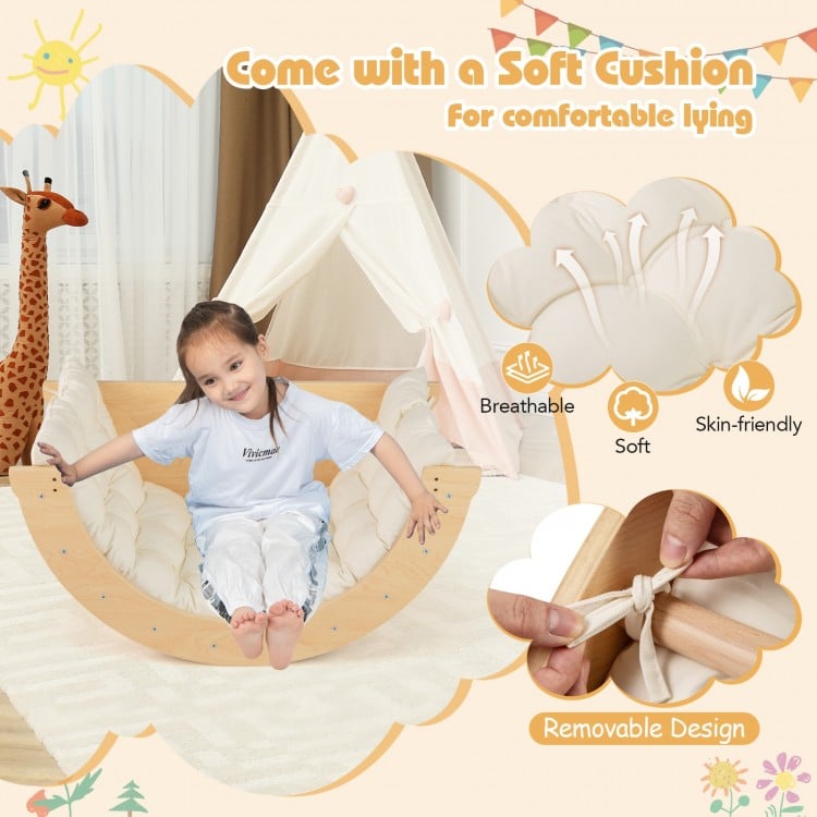 Kids climbing arch with removable cushion in beige, designed for comfort and safety during play and relaxation.