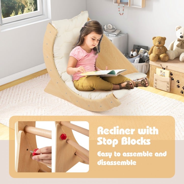Kids climbing arch with cushion in beige, designed for play and relaxation, featuring easy assembly and anti-tip feet.