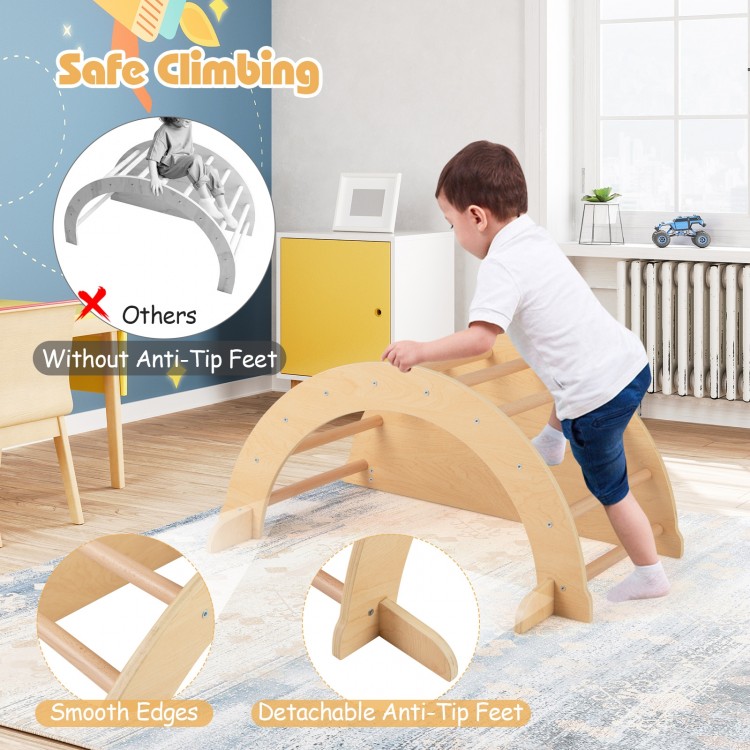 Kids climbing arch in beige with detachable anti-tip feet, designed for safe play and learning activities.
