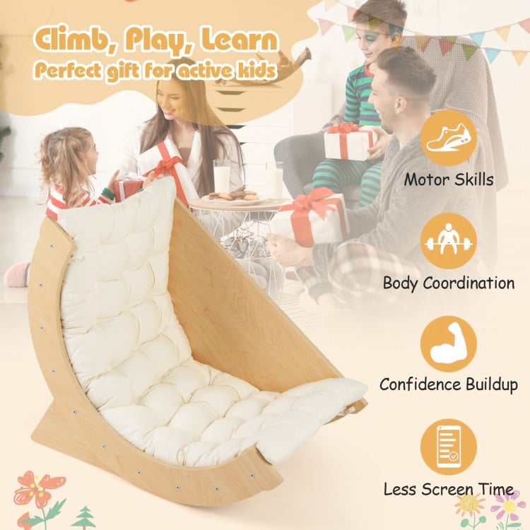 Kids climbing arch with cushion in beige, made of solid wood, ideal for climbing, playing, and learning activities.