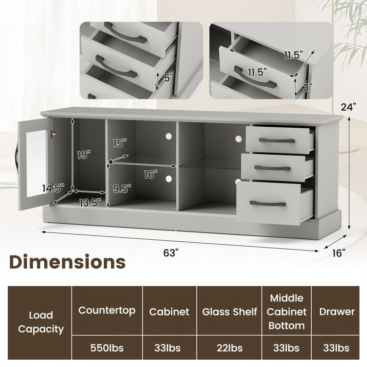 63-inch gray media console table with 3 drawers and 2 removable glass shelves for versatile storage and organization.
