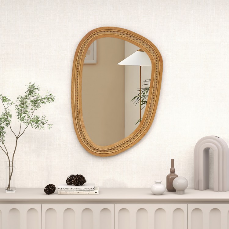 Irregular PVC rattan wall mirror with wooden frame, 33"x23.5", perfect for entryway or living room decor.