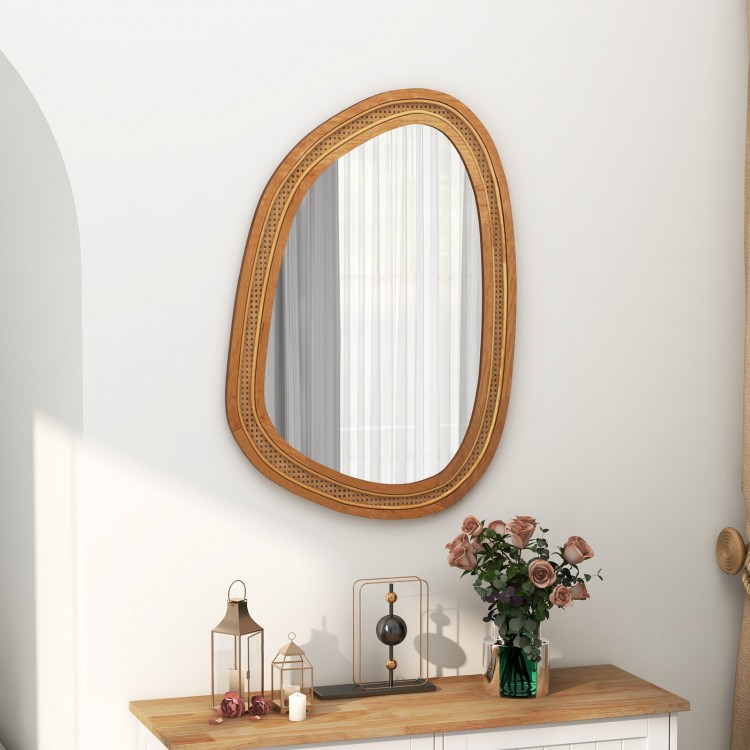 Irregular 33"x23.5" PVC rattan wall mirror with wooden frame, ideal for entryway or living room decor.