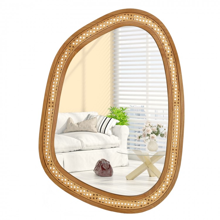 Irregular PVC rattan wall mirror with a natural wooden frame, perfect for entryway or living room decor.