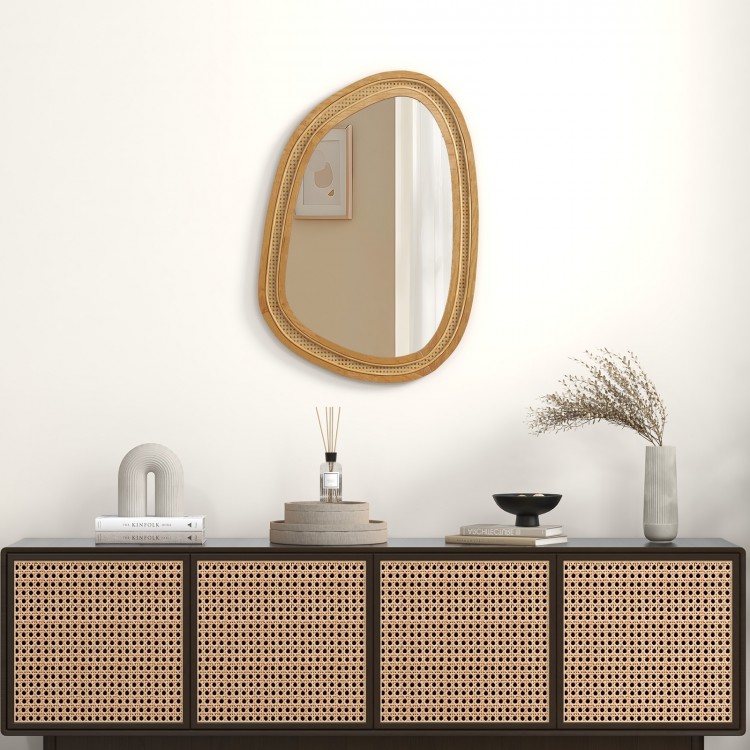Irregular 33"x23.5" PVC rattan wall mirror with wooden frame, perfect for entryway or living room decor.