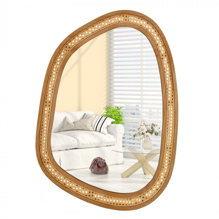 Irregular PVC rattan wall mirror with wooden frame, 33"x23.5", ideal for living room or entryway decor.