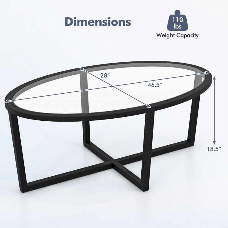 Oval glass coffee table with black acacia wood legs, dimensions 46.5" x 28" x 18.5", supports up to 110 lbs.