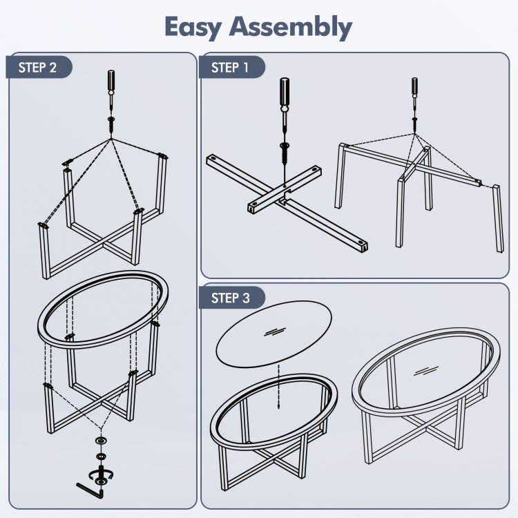 Assembly instructions for the oval glass coffee table with acacia wood legs and cross base, showing three steps.