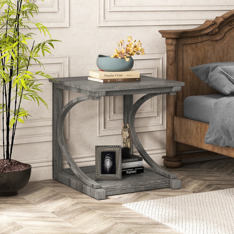 C-shaped 24-inch grey end table with two tiers, featuring a spacious top and bottom shelf for storage and decor.