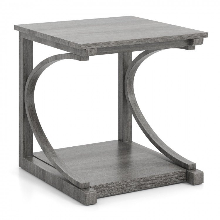 C-shaped grey end table with a spacious top and bottom shelf, perfect for lamps and storage in small spaces.