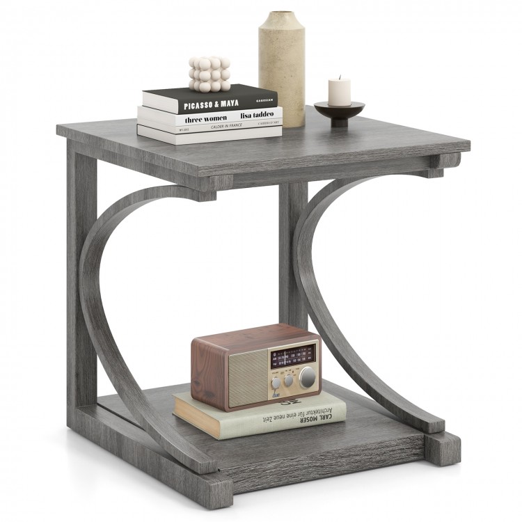 C-shaped grey end table with spacious top and bottom shelf for storage, perfect for small spaces and easy to clean.