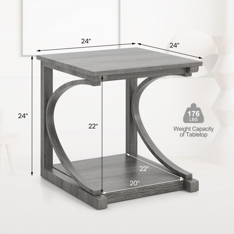 C-shaped grey end table with 24-inch tabletop and 2-tier design, featuring a sturdy rubber wood frame and storage shelf.