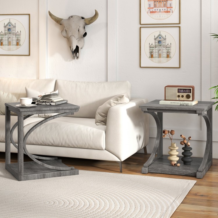 C-shaped grey end table showcasing a sturdy design with adjustable foot pads, perfect for tight spaces and easy access.