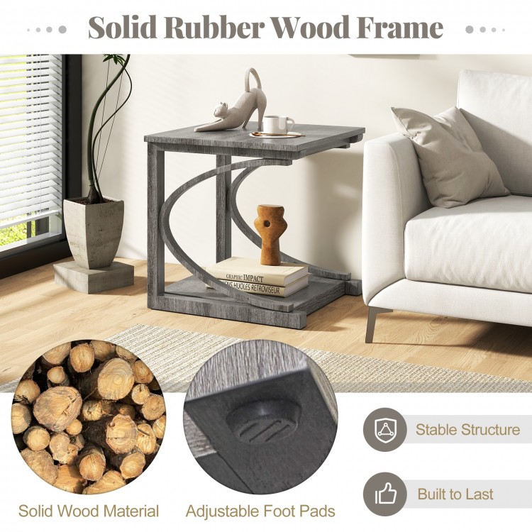 C-shaped 24-inch grey end table with solid rubber wood frame and adjustable foot pads for stable, space-saving use.
