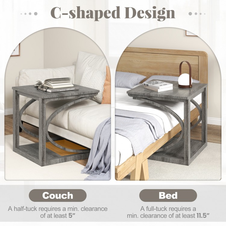 C-shaped grey end table with spacious tabletop and bottom shelf, ideal for couch or bed placement, space-saving design.