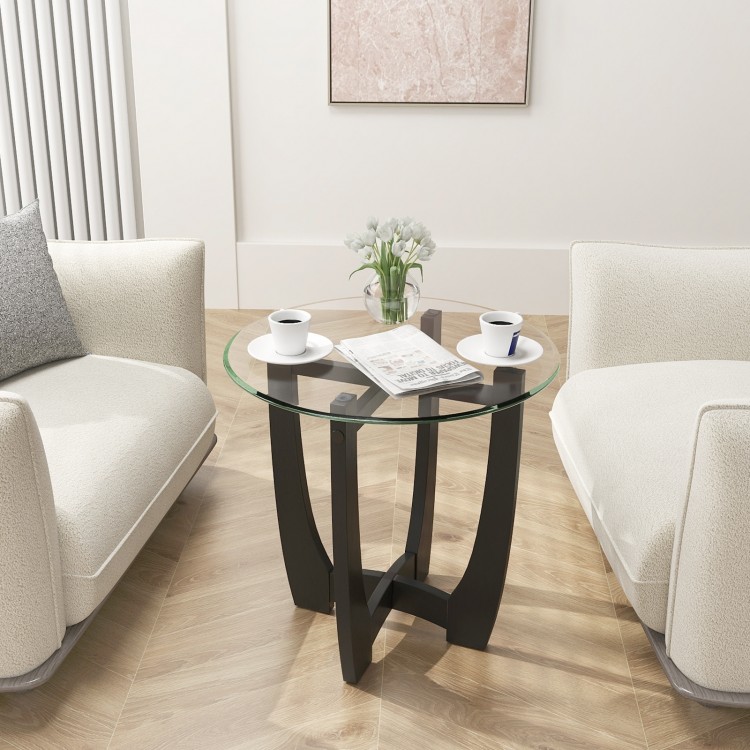 Round end side table with tempered glass tabletop and black rubber wood base, ideal for drinks and decor in modern.