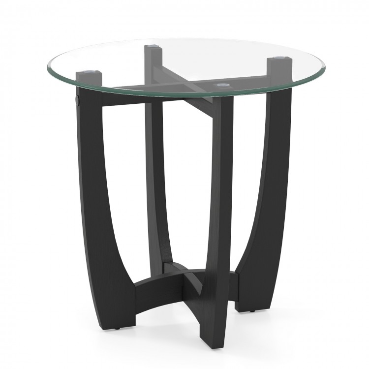 Round end side table with tempered glass tabletop, black rubber wood frame, and stable X-shaped design for contemporary.