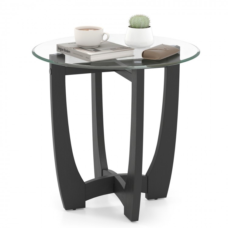 Round end side table with tempered glass tabletop, black rubber wood frame, perfect for drinks and decor.