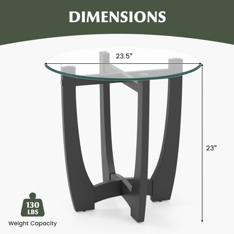 23.5-inch round end table with tempered glass top, black rubber wood frame, stable X-shaped design, for contemporary.