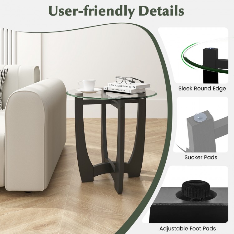 Round end side table with tempered glass top, sleek design, adjustable foot pads, perfect for drinks and decor.