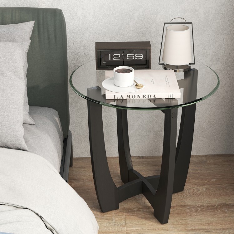 Round end side table with tempered glass tabletop, black rubber wood frame, perfect for drinks and decor in.