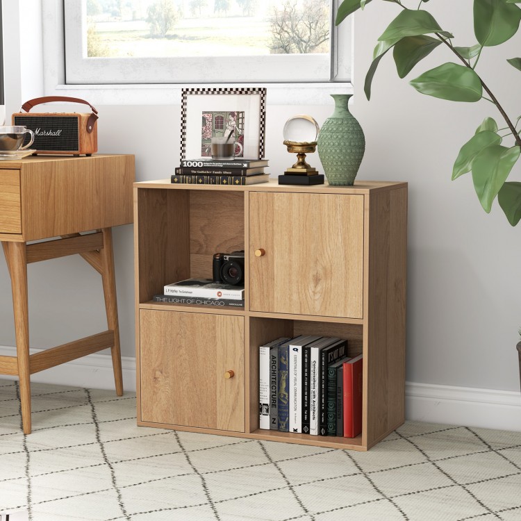 Natural 4-cube bookcase featuring 2 cabinets and spacious top, ideal for corner storage and organization.