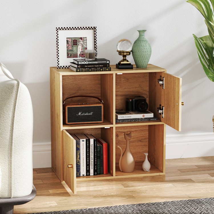 4-cube bookcase in natural finish with spacious top, two cabinets, and anti-tipping kits for secure storage in any.