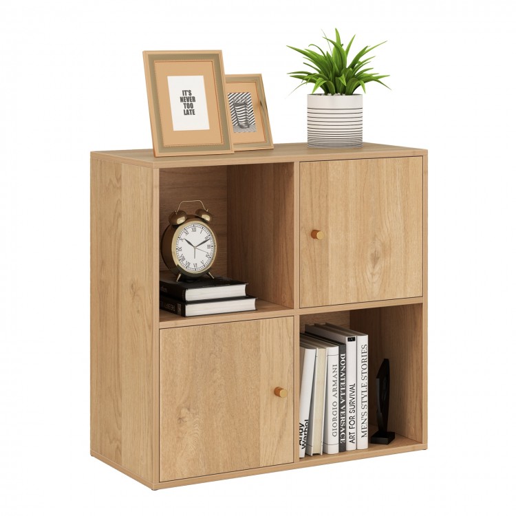 4-cube bookcase in natural finish with 2 cabinets and spacious top, ideal for corner storage and organization.