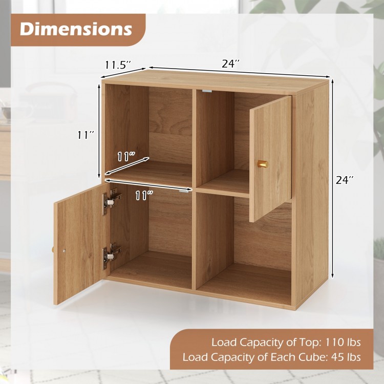 4-cube bookcase with dual cabinets and anti-tipping kits, featuring a natural wood finish and spacious design for.